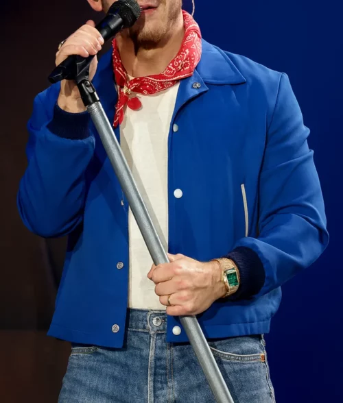 Nick Jonas Blue Cotton Bomber Jacket - Front
