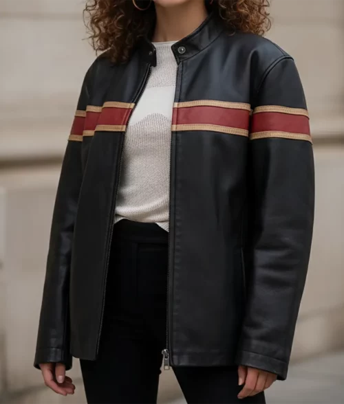 90’s Women Oversized Cafe Racer Leather Jacket - Front