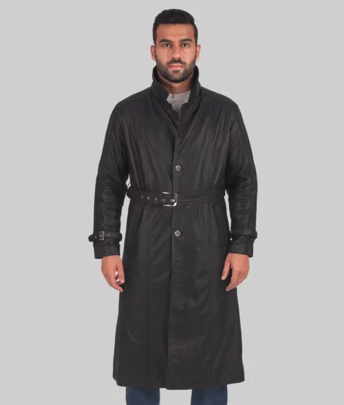 Alden Men's Black Leather Trench Coat - Front