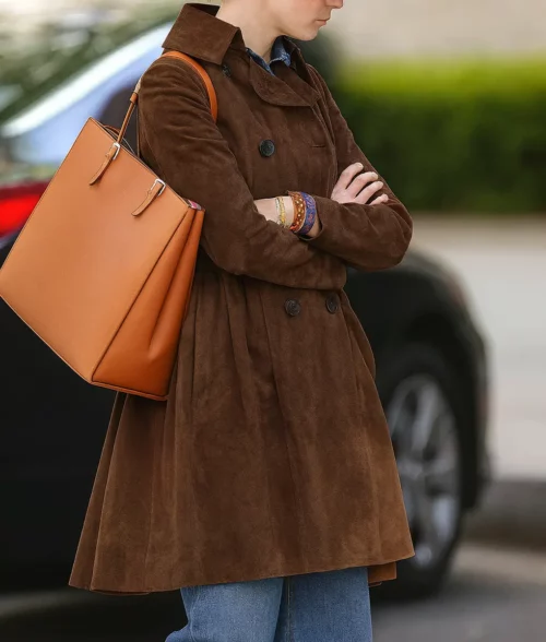 Anne Hathaway Double Breasted Brown Suede Coat - Side