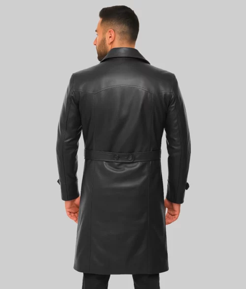 Arturo Men's Black Leather Trench Coat - Back
