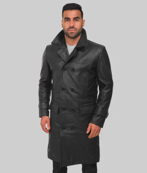 Arturo Men's Black Leather Trench Coat - Front