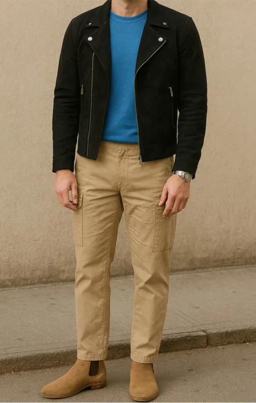 black leather jacket outfit men
