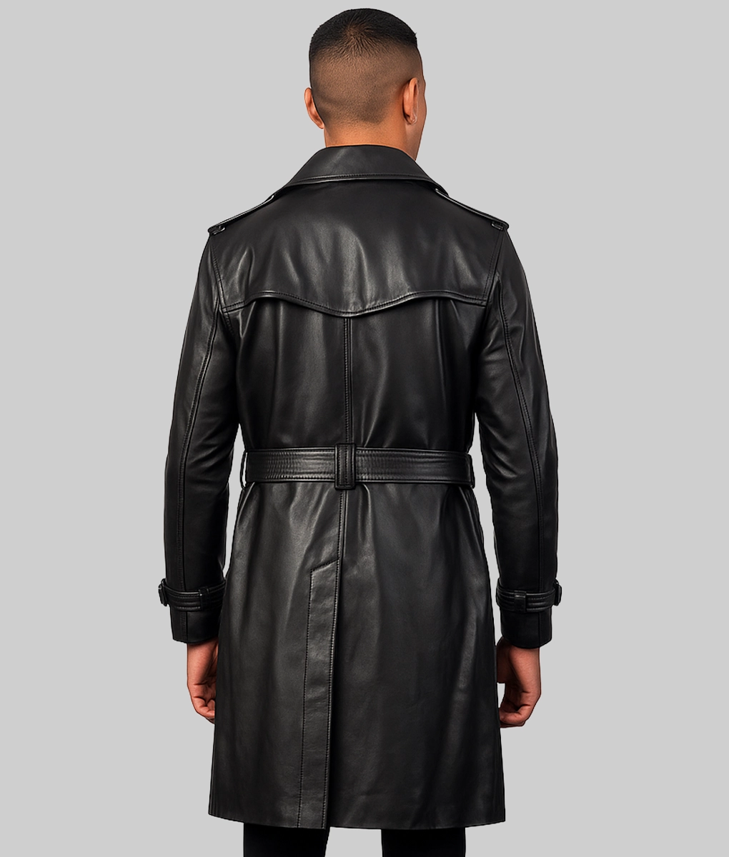 Deacon Men's Black Leather Duster Coat - Back
