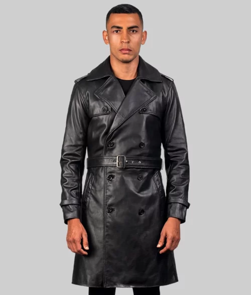 Deacon Men's Black Leather Duster Coat - Front