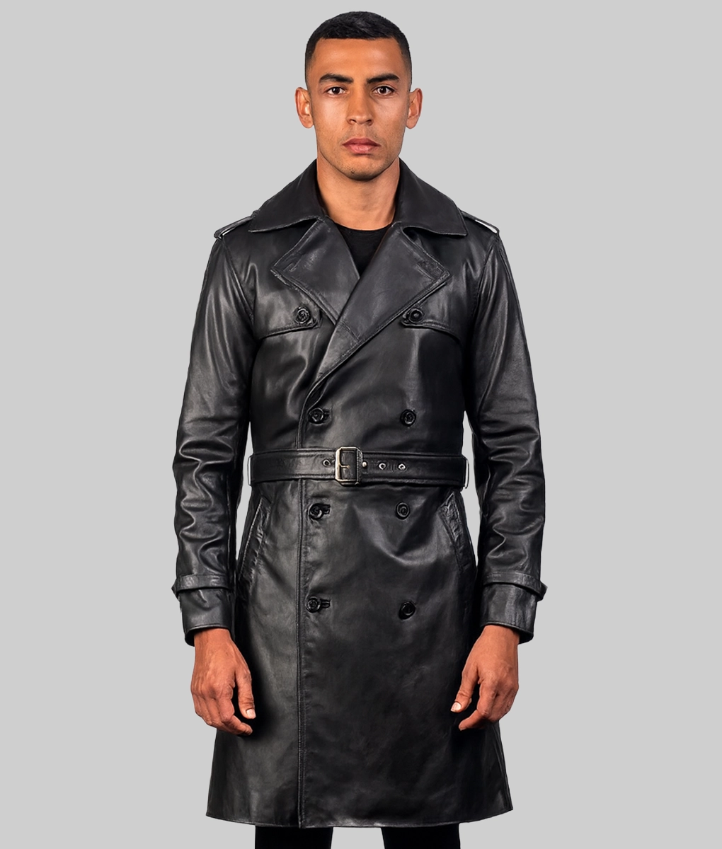 Deacon Men's Black Leather Duster Coat - Front