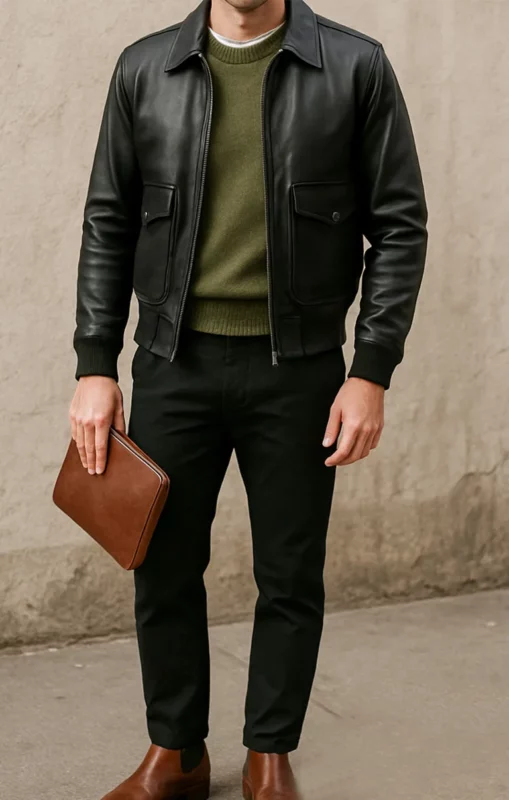 black leather jacket outfit men