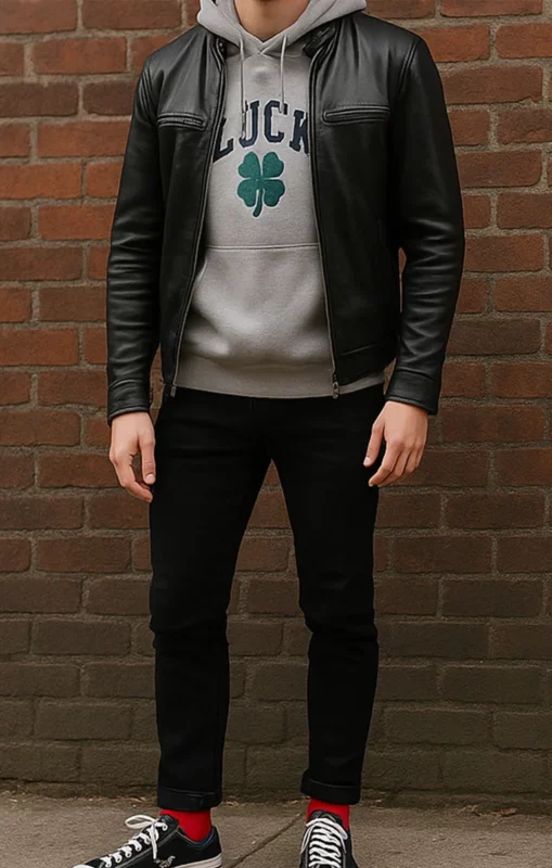 black leather jacket outfit men