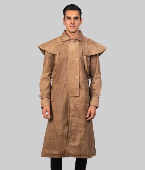 Garrett Men's Brown Leather Duster Coat - Front
