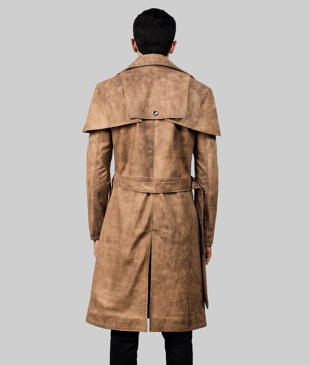 Jamir Men's Brown Leather Duster Coat - Back