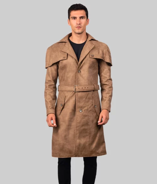 Jamir Men's Brown Leather Duster Coat - Front