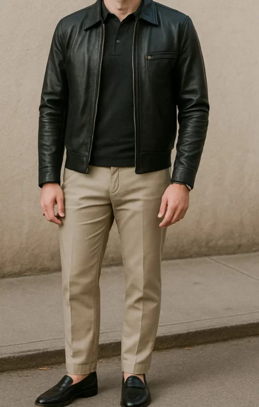 black leather jacket outfit men