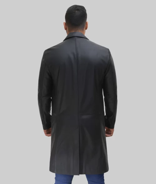 Louie Men's Black Leather Trench Coat - Back