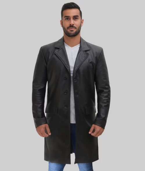Louie Men's Black Leather Trench Coat - Front