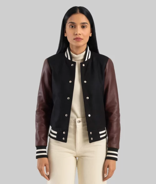 Macie Black & Brown Varsity Jacket - Front