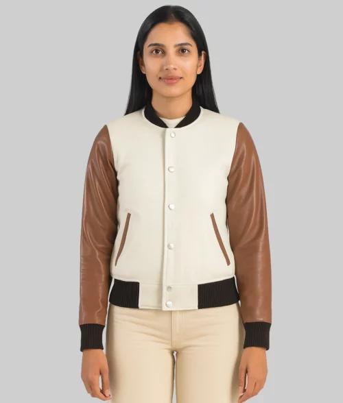 Romina White & Brown Varsity Jacket - Front