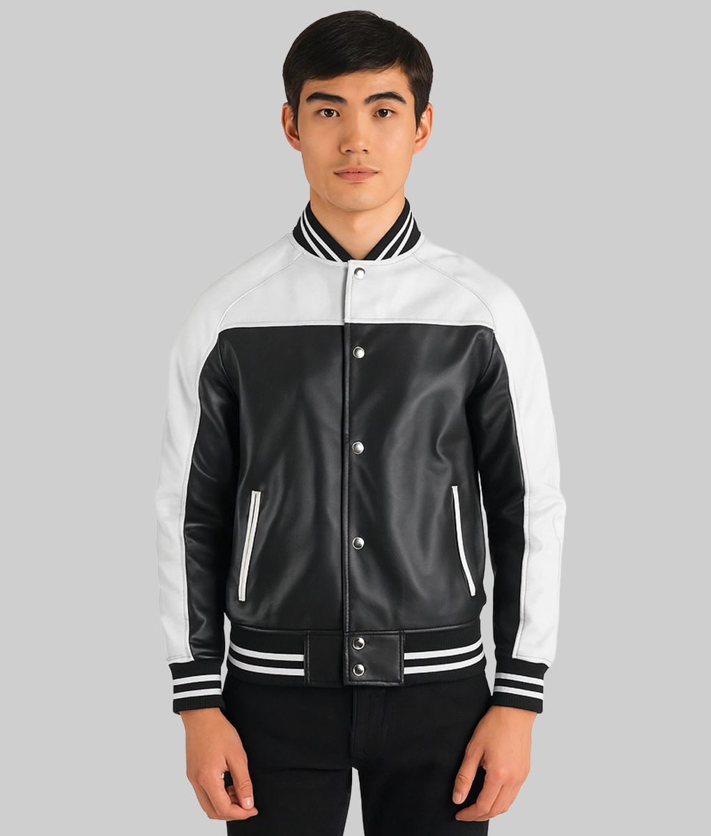 Soren Men's Black & White Leather Varsity Jacket - Front