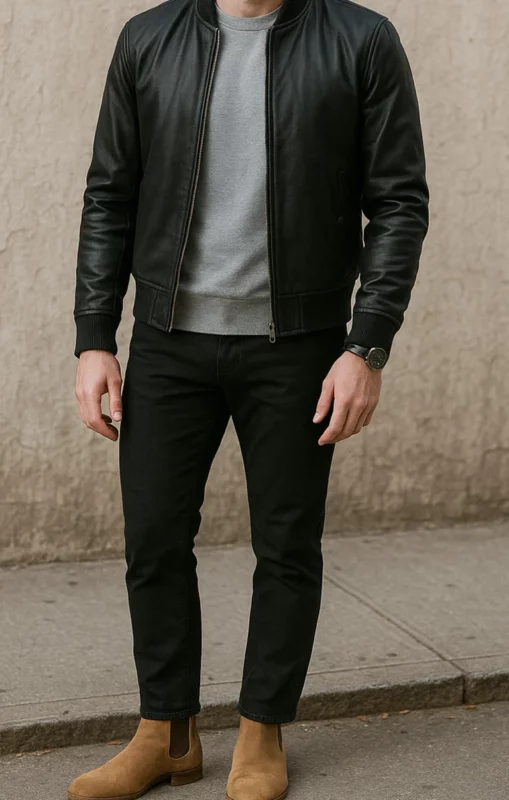 black leather jacket outfit men
