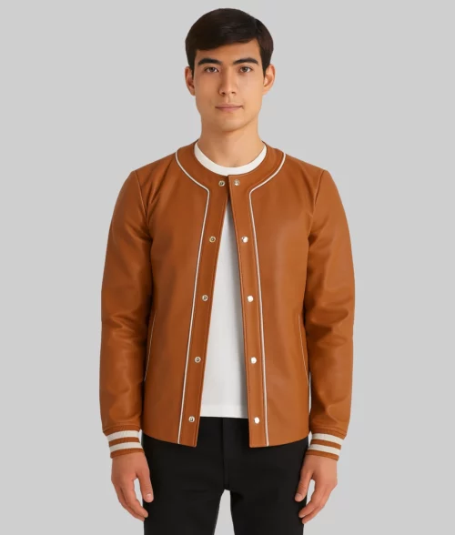 Zaiden Men's Brown Leather Varsity Jacket - Front