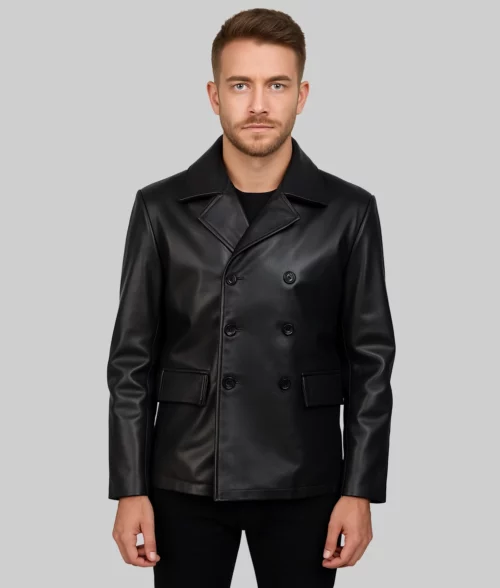Bailey Men's Black Leather Peacoat - Front