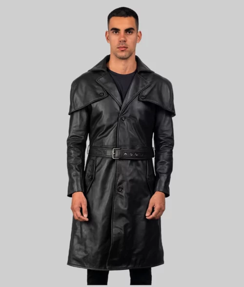 Boden Men's Black Leather Duster Coat - Front