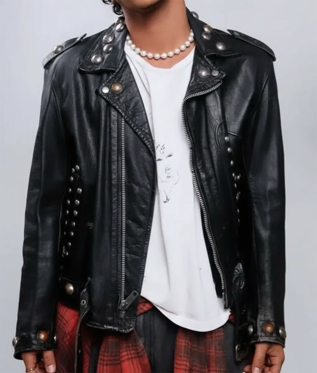 Bruno Mars Black Leather Studded Biker Jacket - Front