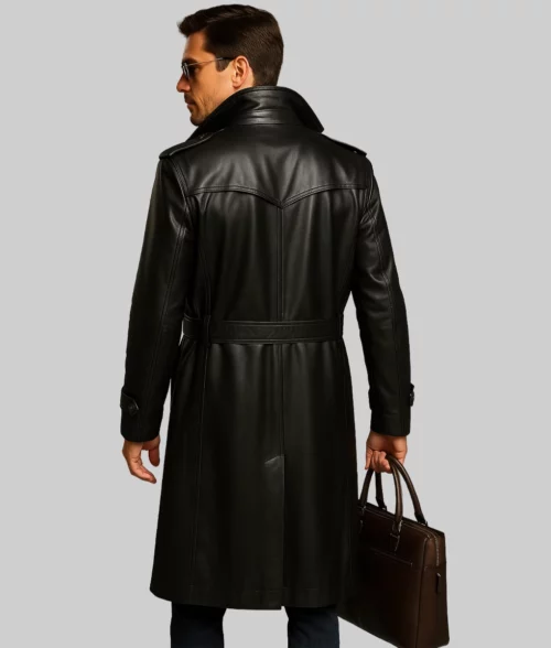 Caspian Men's Black Leather Trench Coat - Back