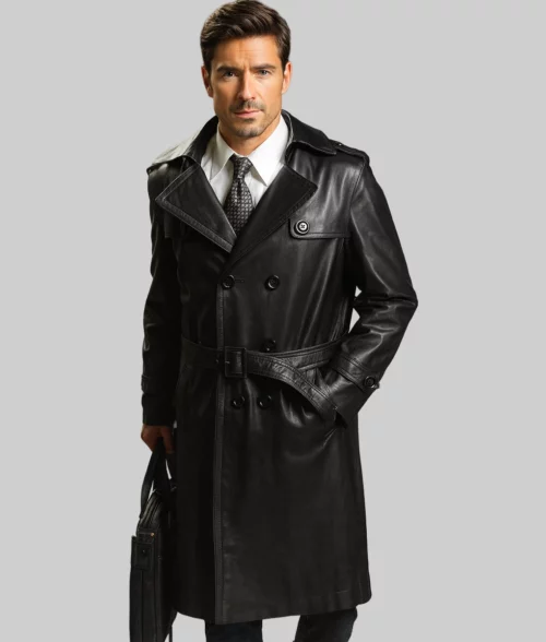 Caspian Men's Black Leather Trench Coat - Front