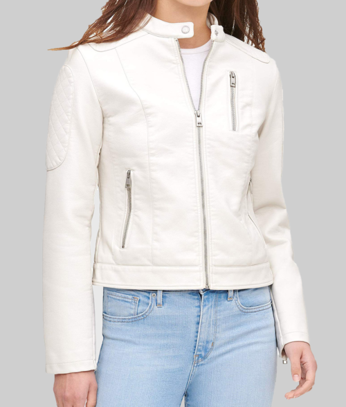 Emma Women's White Quilted Biker Jacket – Clearance Item-Front View