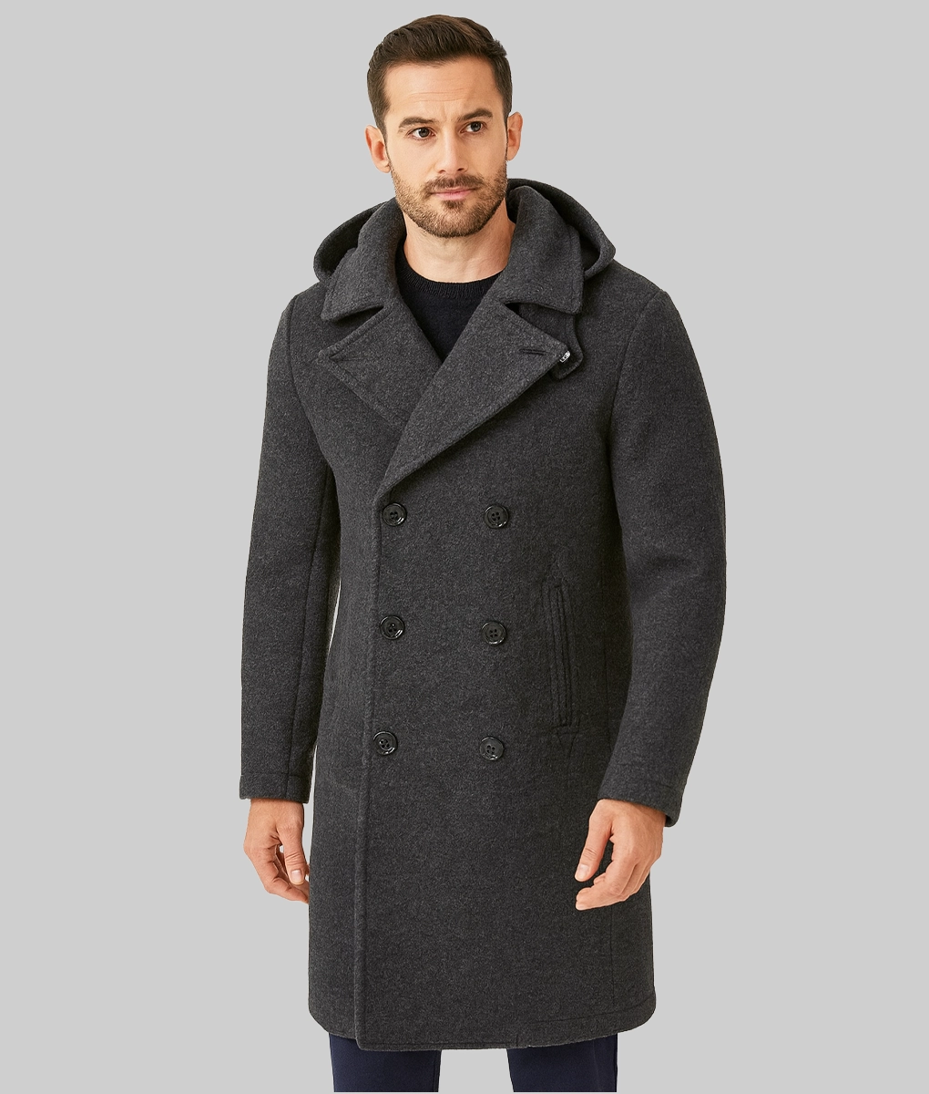 Ernest Men's Grey Hooded Peacoat - Front