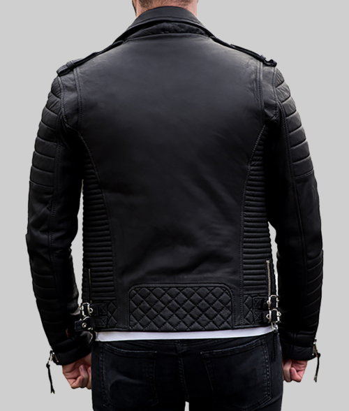 John Men's Black Leather Biker Jacket - Clearance Item-Back View