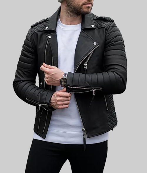 John Men's Black Leather Biker Jacket - Clearance Item-Front View