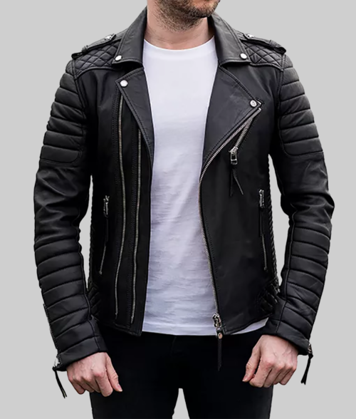 John Men's Black Leather Biker Jacket - Clearance Item-Front View1