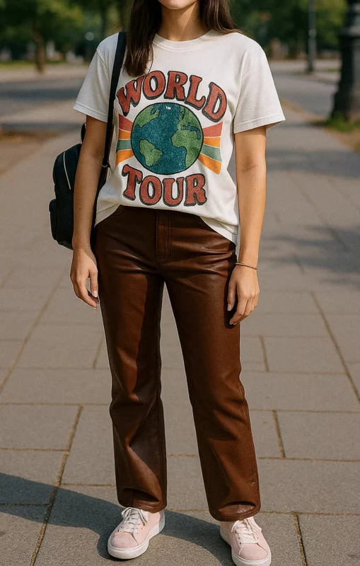 how to style brown leather pants