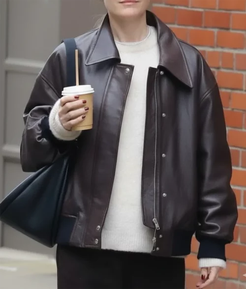 Leslie Mann Leather Bomber Jacket - Front