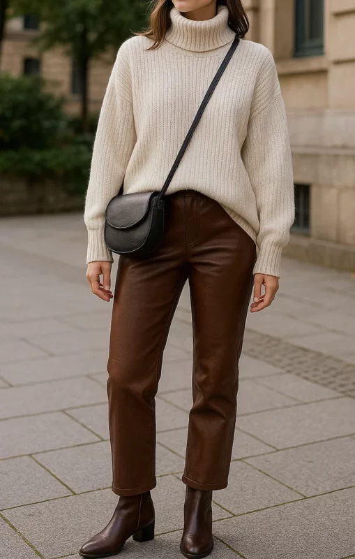 how to style brown leather pants