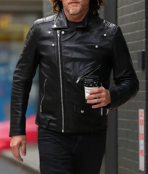 Norman Reedus Black Leather Biker Jacket - Front