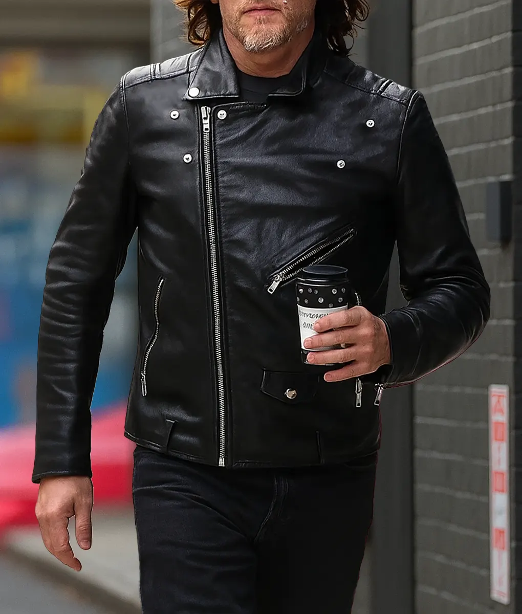 Norman Reedus Black Leather Biker Jacket - Front