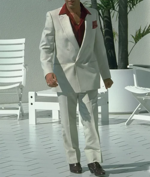 Scarface Al Pacino White Striped Suit - Front