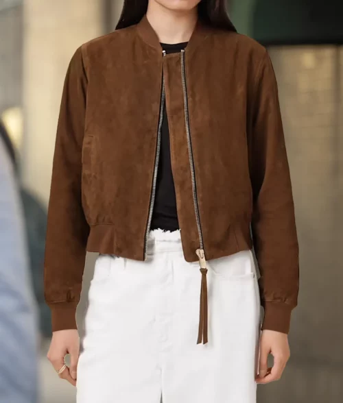 Shifting Gears S02 Jenna Elfman Suede Bomber Jacket - Front