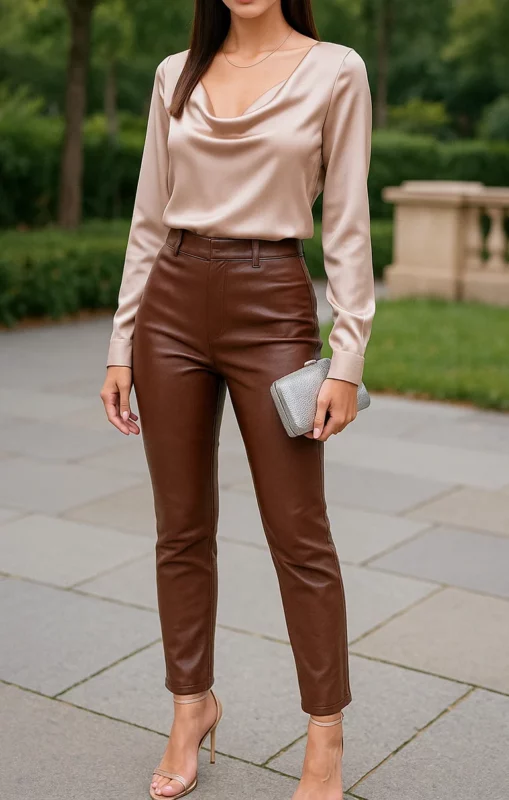 how to style brown leather pants