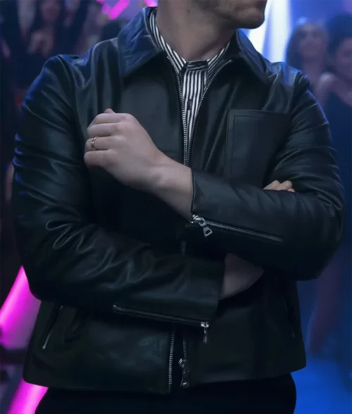 A Very Jonas Christmas Movie Nick Jonas Black Leather Jacket - Front