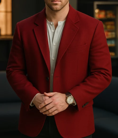 A Very Jonas Christmas Movie Nick Jonas Red Blazer - Front