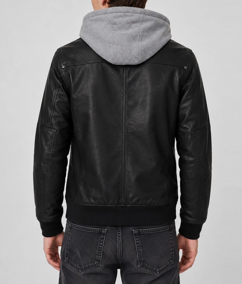 Arnoldo Black Leather Hooded Jacket - Back