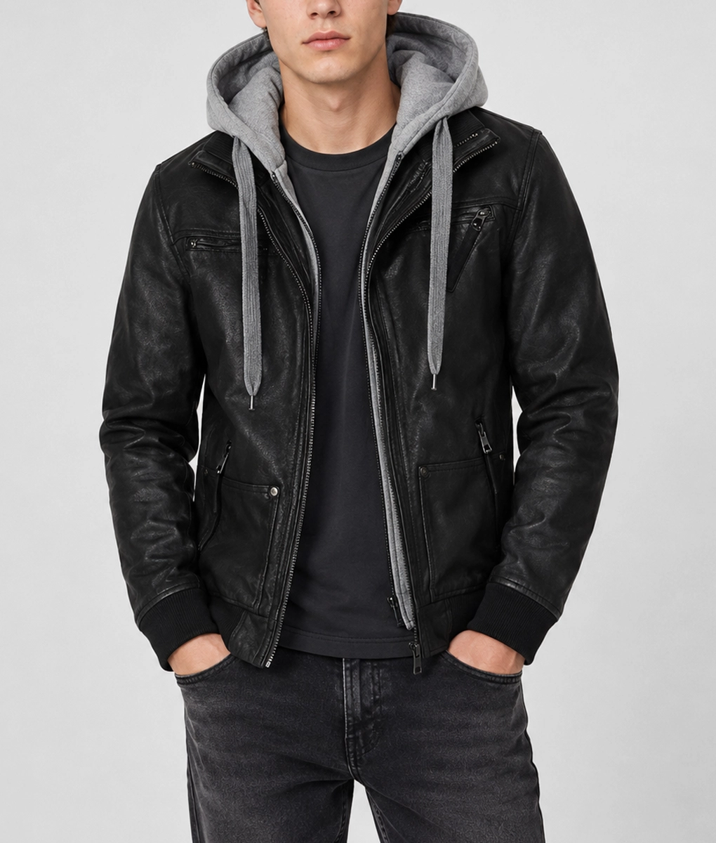 Arnoldo Black Leather Hooded Jacket - Front