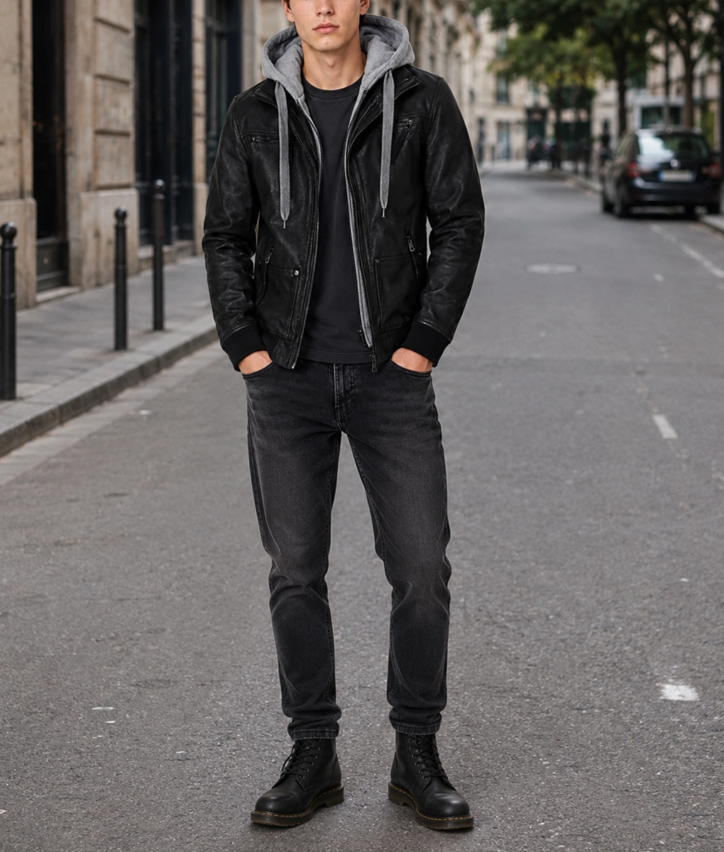 Arnoldo Black Leather Hooded Jacket - Full 1