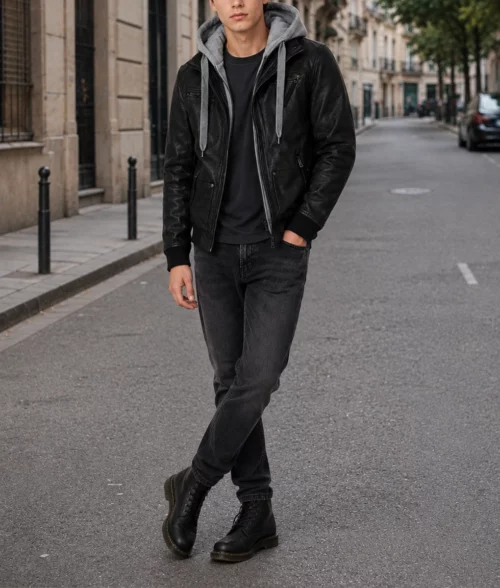 Arnoldo Black Leather Hooded Jacket - Full 2