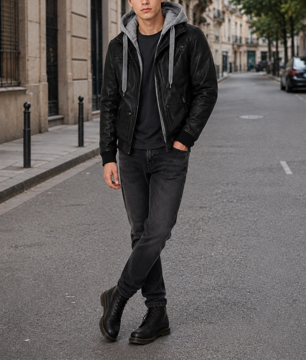 Arnoldo Black Leather Hooded Jacket - Full 2