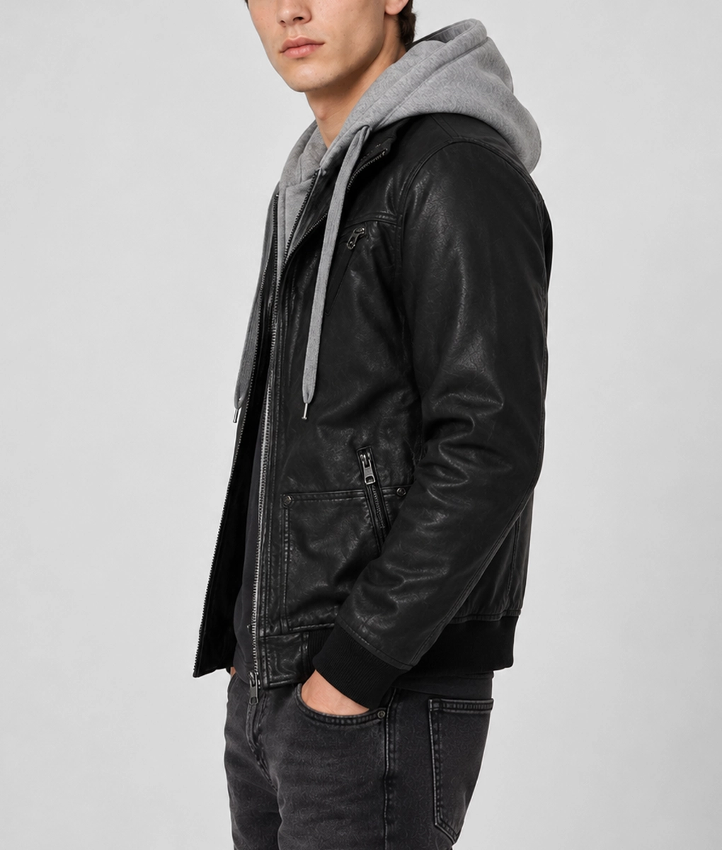 Arnoldo Black Leather Hooded Jacket - Side