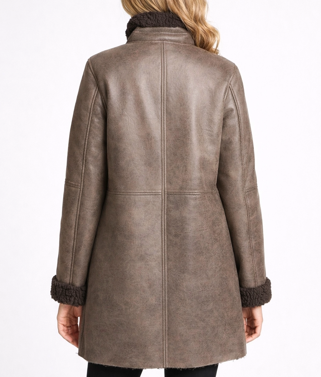 Emaya Brown Aviator Shearling Coat - Back View